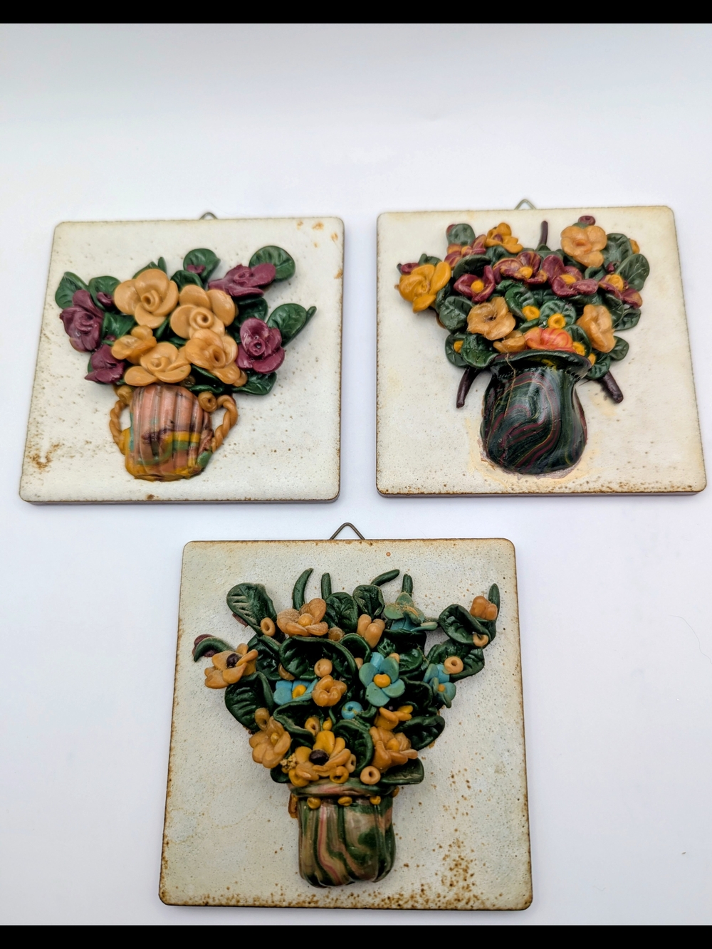Villeroy And Boch Set of Three Floral Ceramic Wall Plaques in Yellow & Green